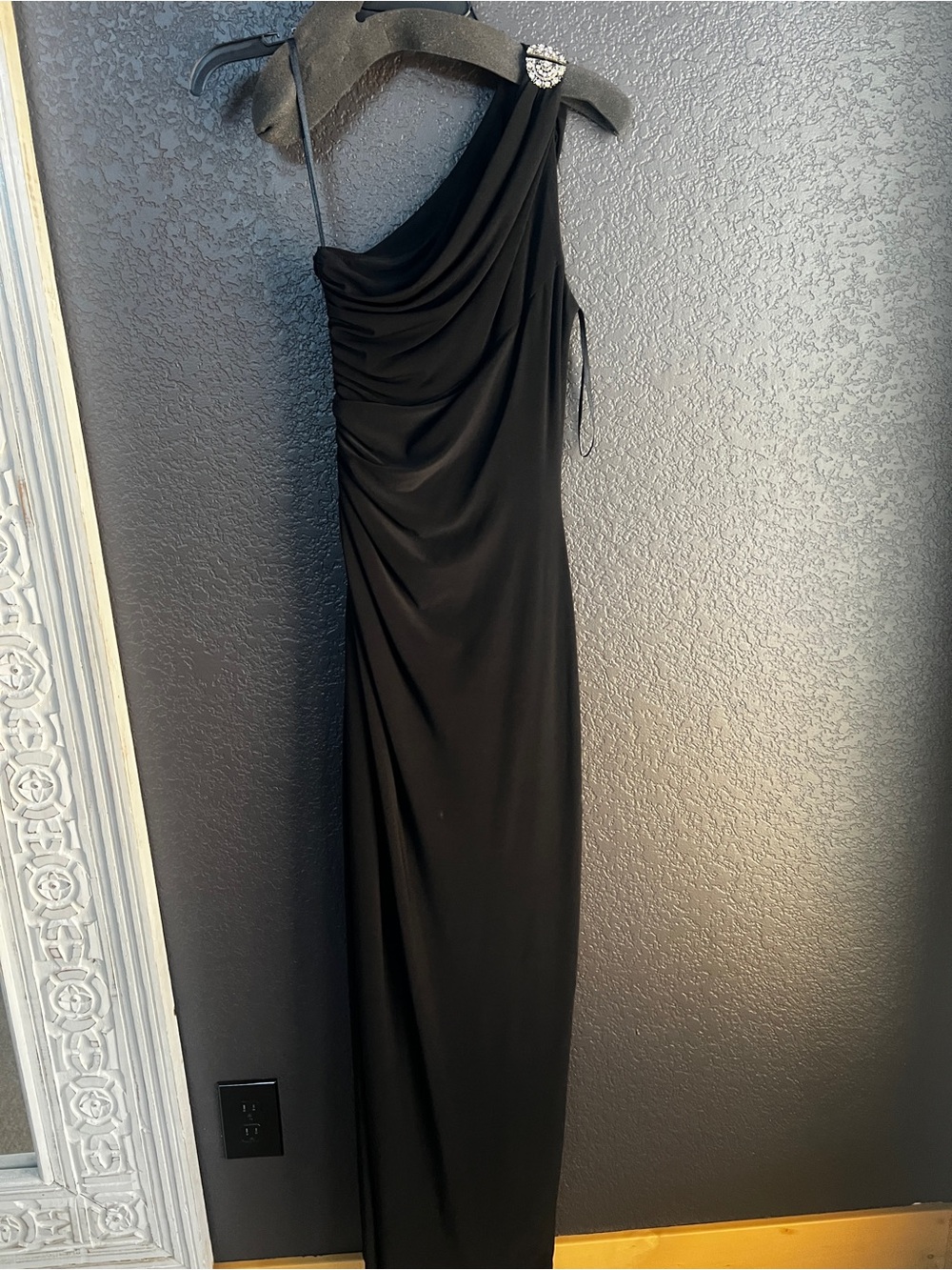 Ralph Lauren Black One-Shoulder Draped Evening Gown with Shoulder Accent